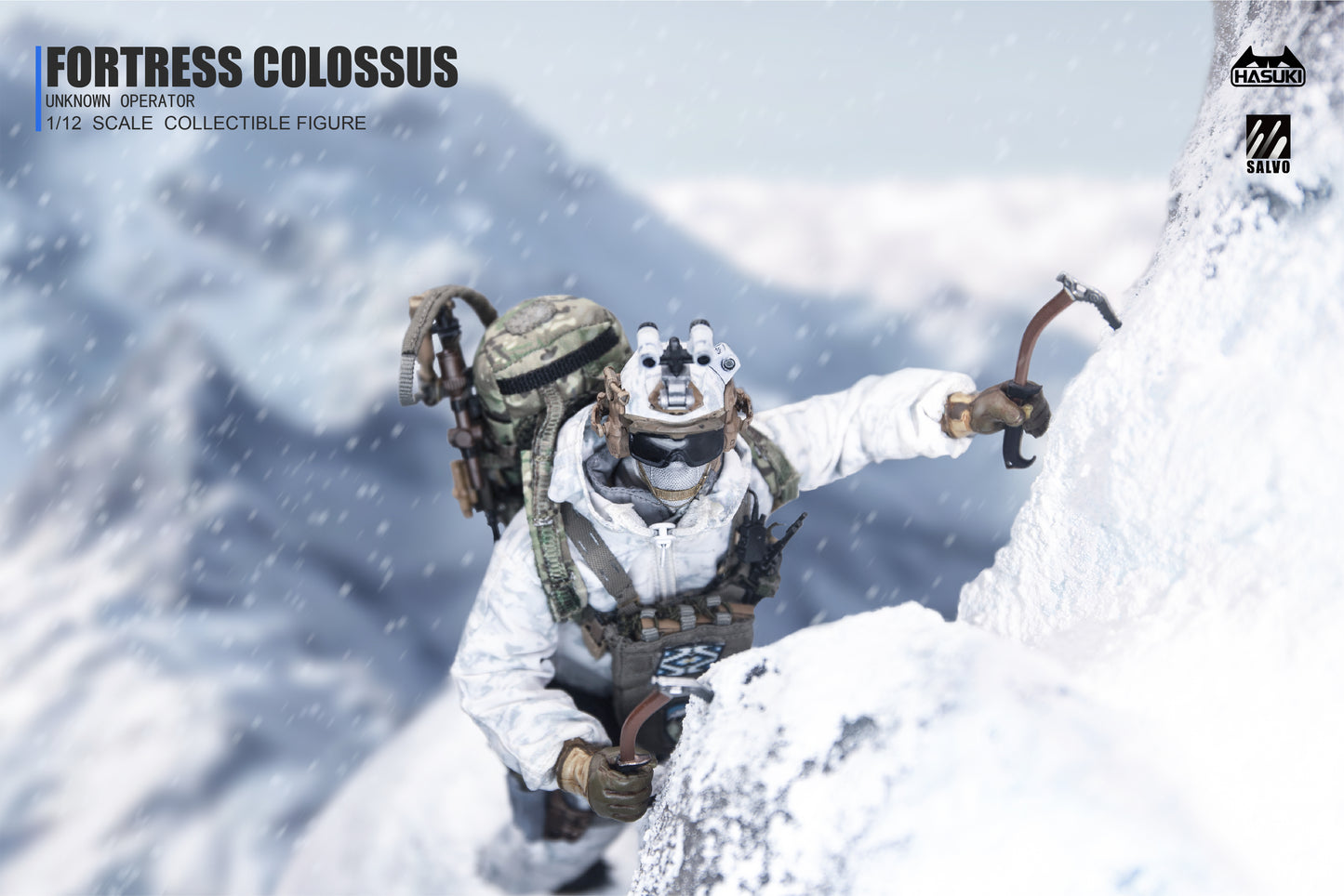 Sierra Phantom action pose wielding ice axes in dynamic climbing stance